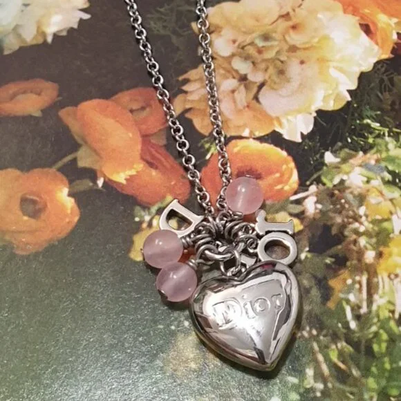 Heart Silver Dior Beaded Necklace Pendant Casual Formal Jewelry Accessory Gift - Picture 2 of 6